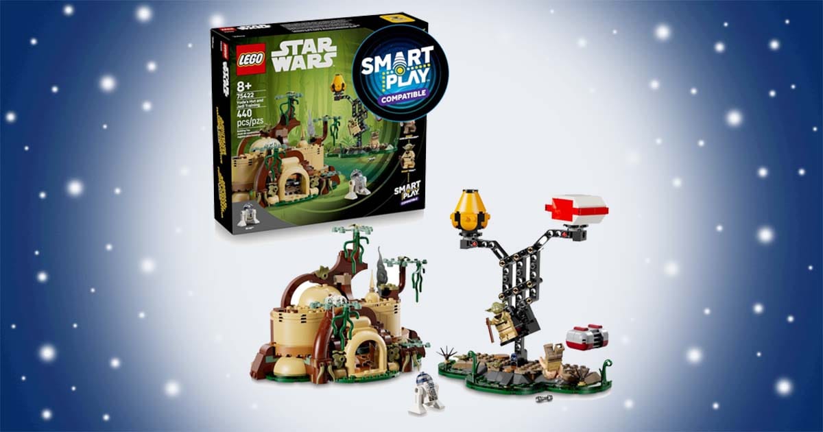 LEGO Star Wars Yoda’s Hut and Jedi Training set with hut, training area, Luke Skywalker, Yoda, and R2-D2 figures displayed on Dagobah scene.