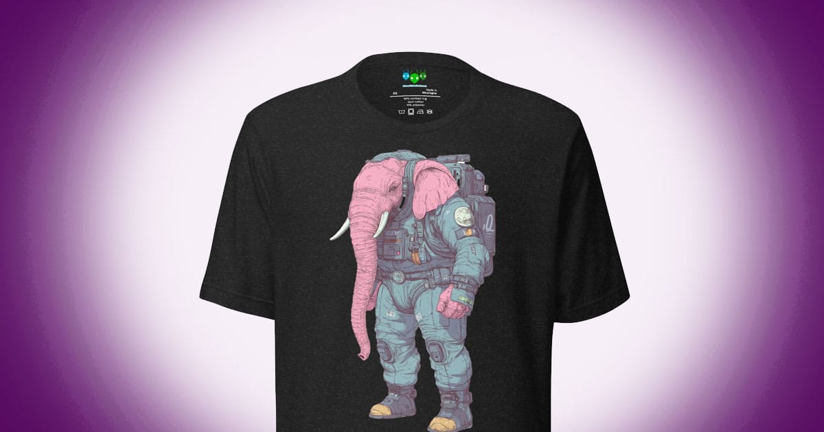 Illustration of a humanoid pink elephant astronaut in a heavy space suit standing upright against a dark background.