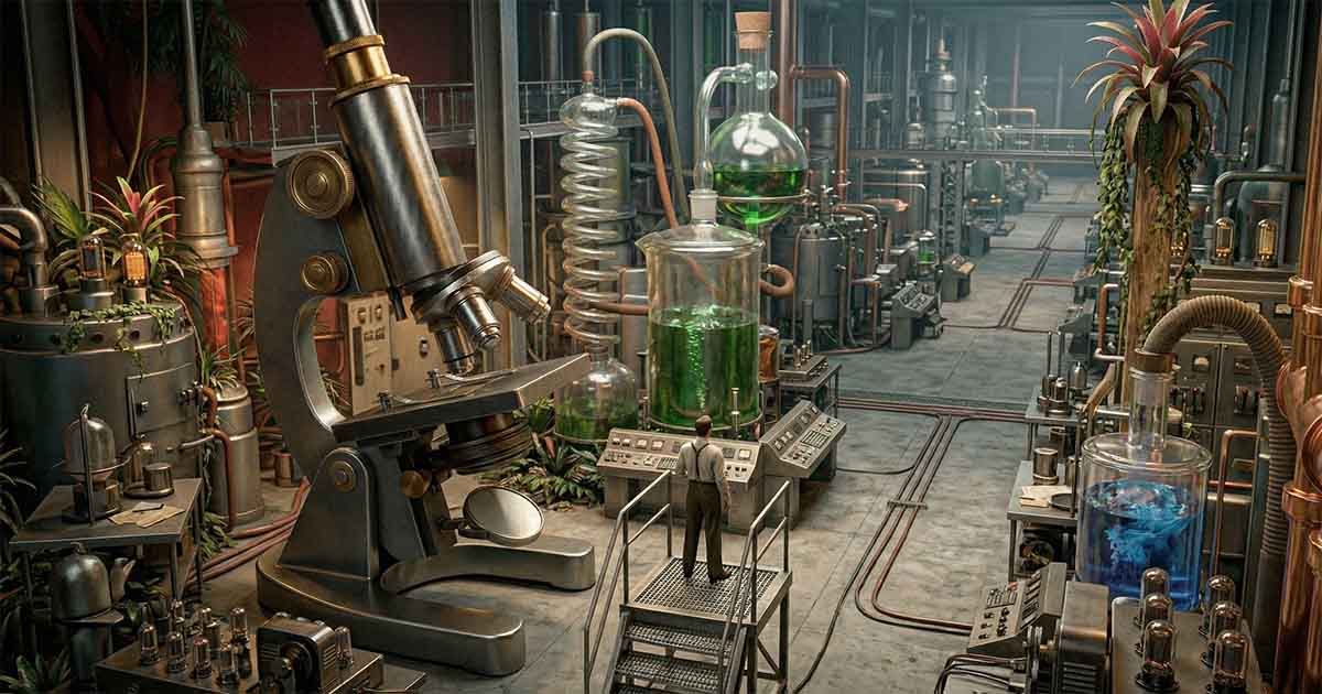 Tiny man standing on a platform in a vast laboratory filled with oversized microscope, large glass containers, and extensive industrial equipment stretching into the distance.