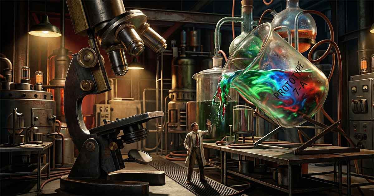 Tiny man in a laboratory as a large glass beaker tips and spills colorful liquid toward him, with oversized microscope and equipment surrounding him/