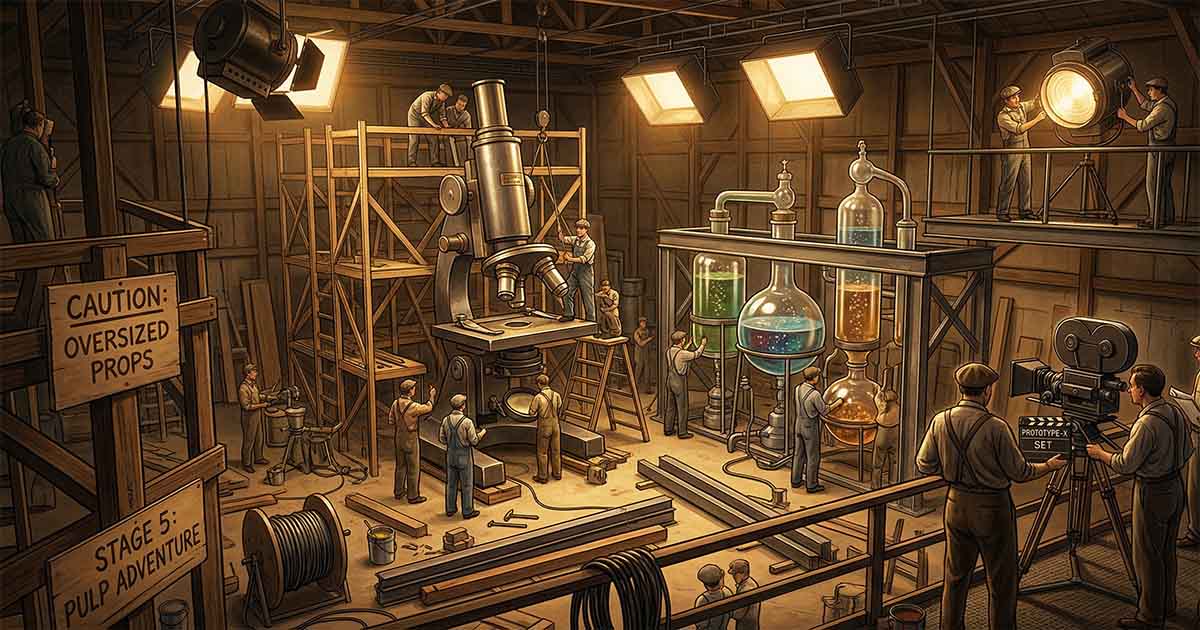 Film crew building oversized laboratory props on a soundstage with large microscope, glass equipment, scaffolding, and studio lighting.