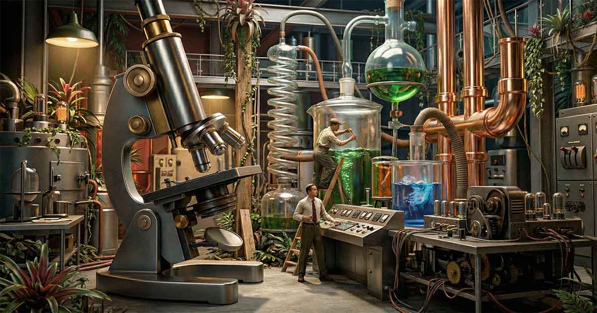 Tiny man in a detailed laboratory surrounded by oversized microscope, glass containers, and industrial machinery with plants and pipes throughout the environment.