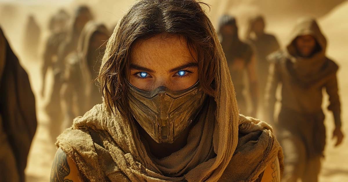 Close-up of a desert dweller with glowing blue eyes, representing heightened awareness and the burden of prescient vision in Dune.