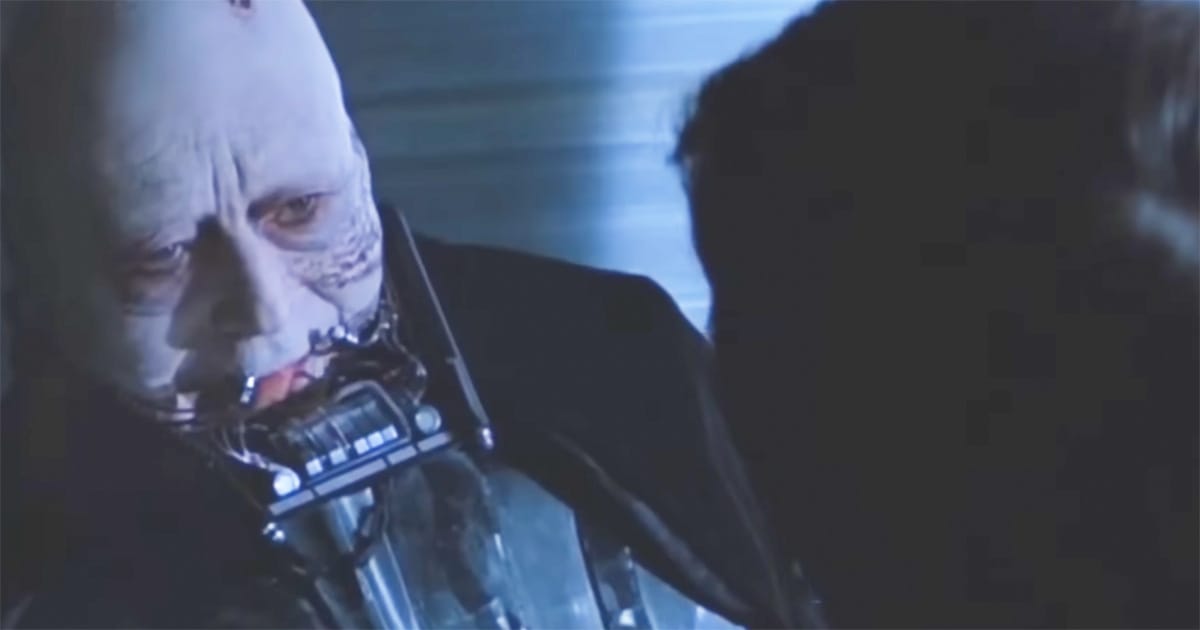 Unmasked Darth Vader speaking to Luke Skywalker during the final moments of “Return of the Jedi.”