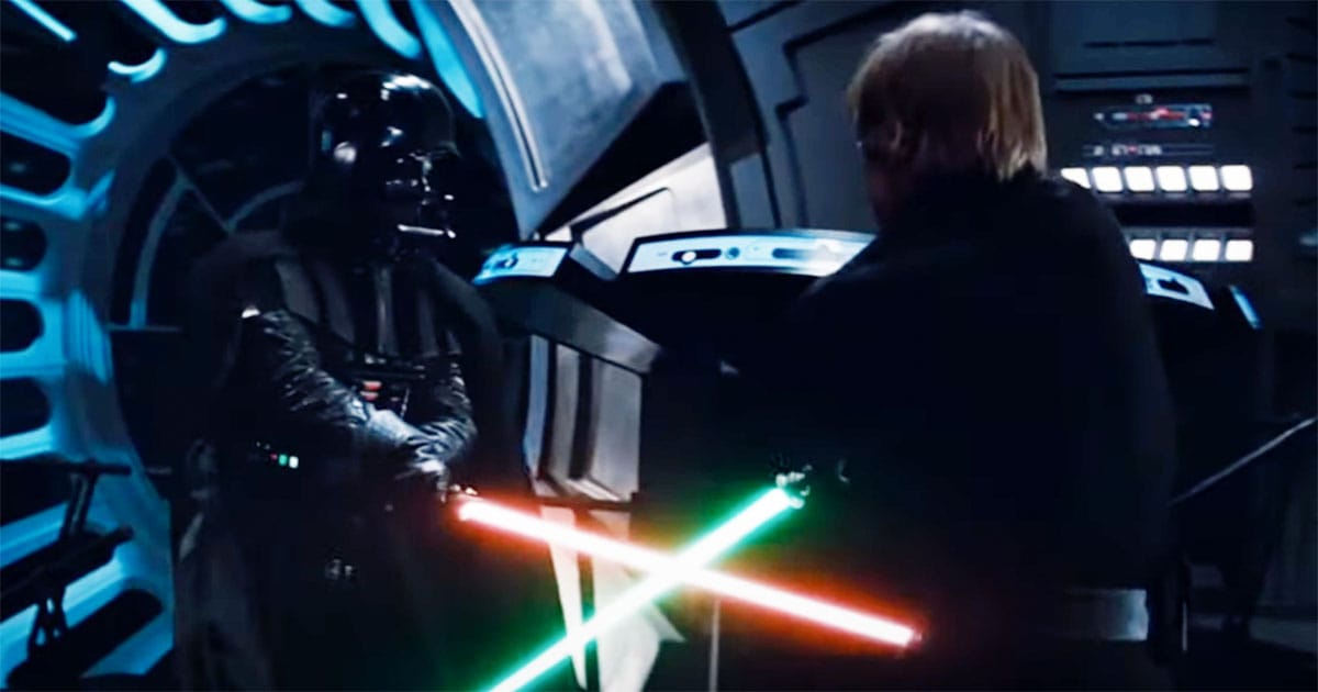 Darth Vader and Luke Skywalker confronting each other with lightsabers during their duel in “The Empire Strikes Back.”