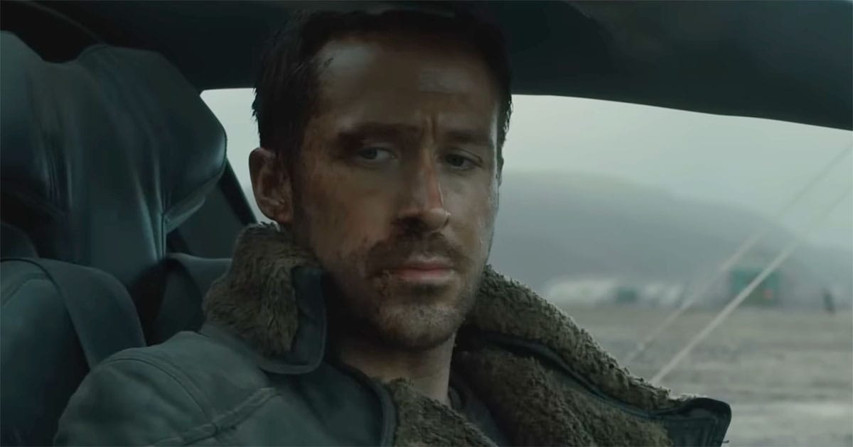 Officer K sitting alone in his spinner in “Blade Runner 2049” as his Nexus-9 conditioning begins to weaken.