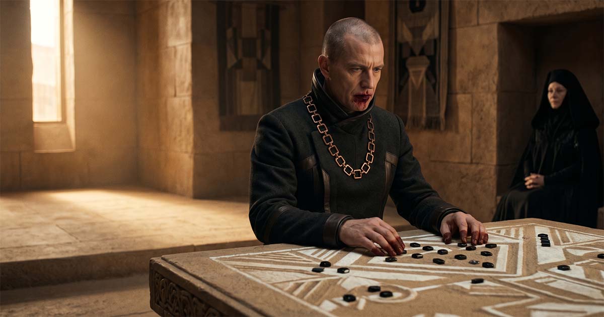 A focused Mentat calculates patterns on a table in a stone chamber while a Bene Gesserit observes in the background, illustrating human computation without machines.