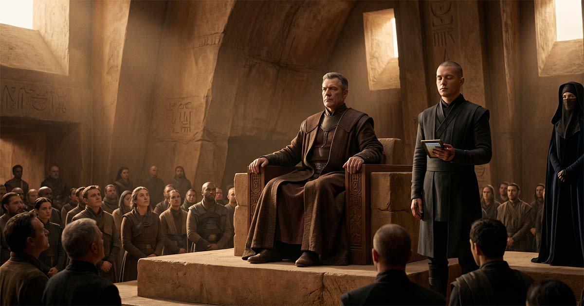 A noble ruler sits on a raised throne in a stone chamber while a Mentat advisor stands beside him and a Bene Gesserit observes from the shadows, illustrating hierarchical power in Dune.