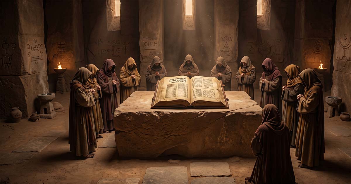 Robed figures stand in a circle around an open sacred book on a stone altar in a desert temple, representing the religious prohibition against thinking machines in Dune.