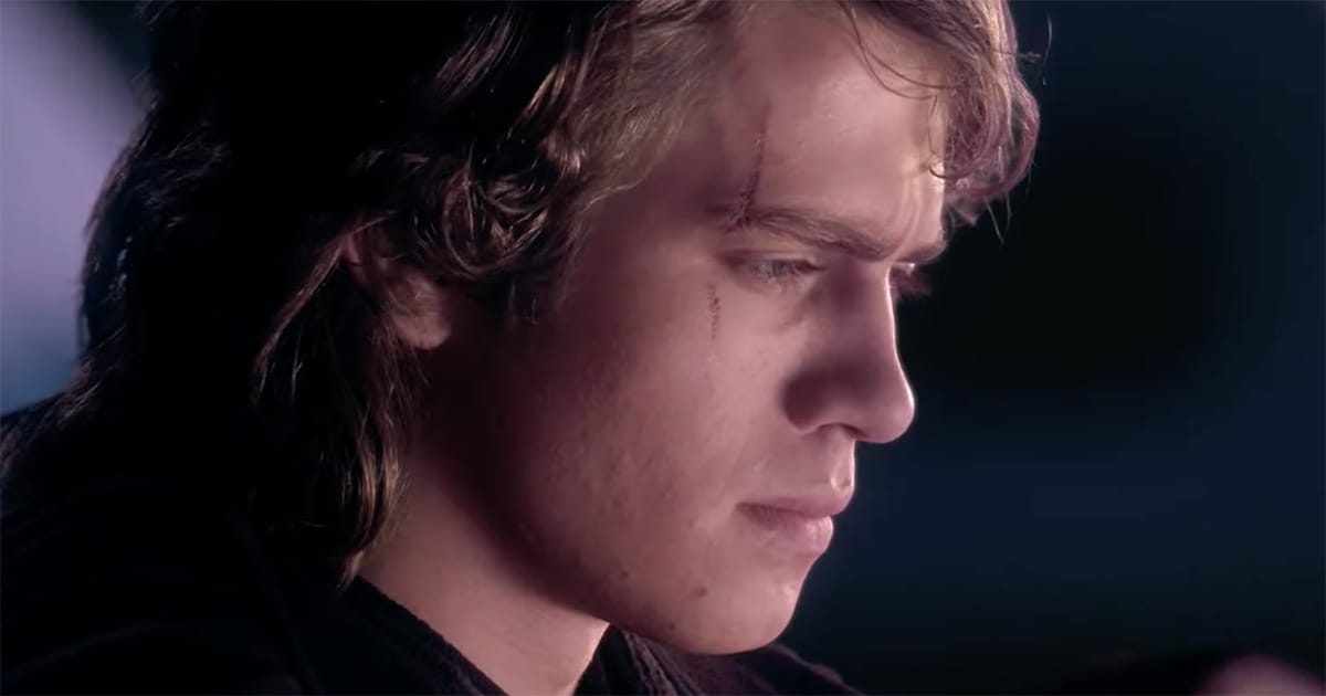 Close-up of Anakin Skywalker with tear on his face in Star Wars, showing inner conflict and the danger of balancing light and dark sides.