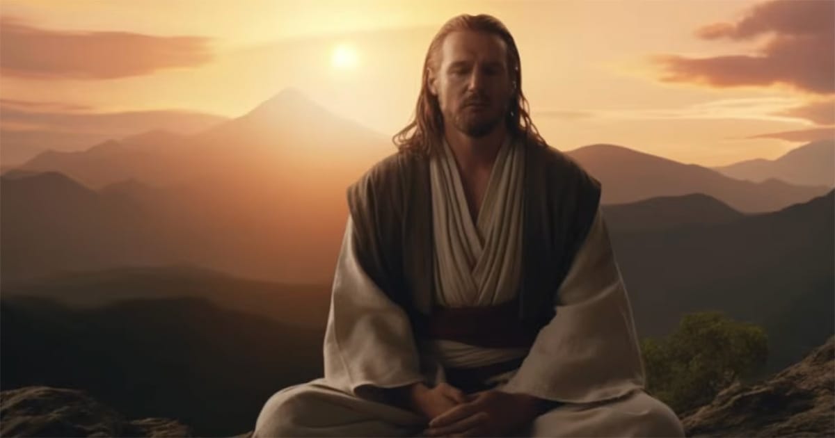 Qui-Gon Jinn meditating at sunset in Star Wars, representing an independent Jedi often associated with Grey Jedi philosophy.