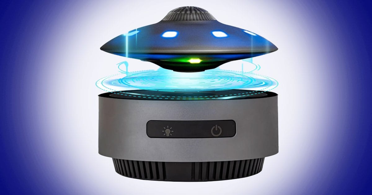 Floating UFO Bluetooth speaker with magnetic levitation, glowing lights, and retro flying saucer design inspired by classic alien encounter films.