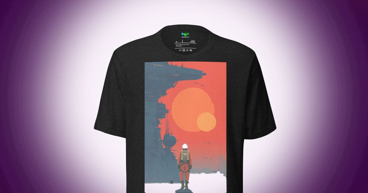 “Among the Ruins of Light” science fiction T-shirt featuring a lone space pilot beneath twin suns near a massive starship structure.