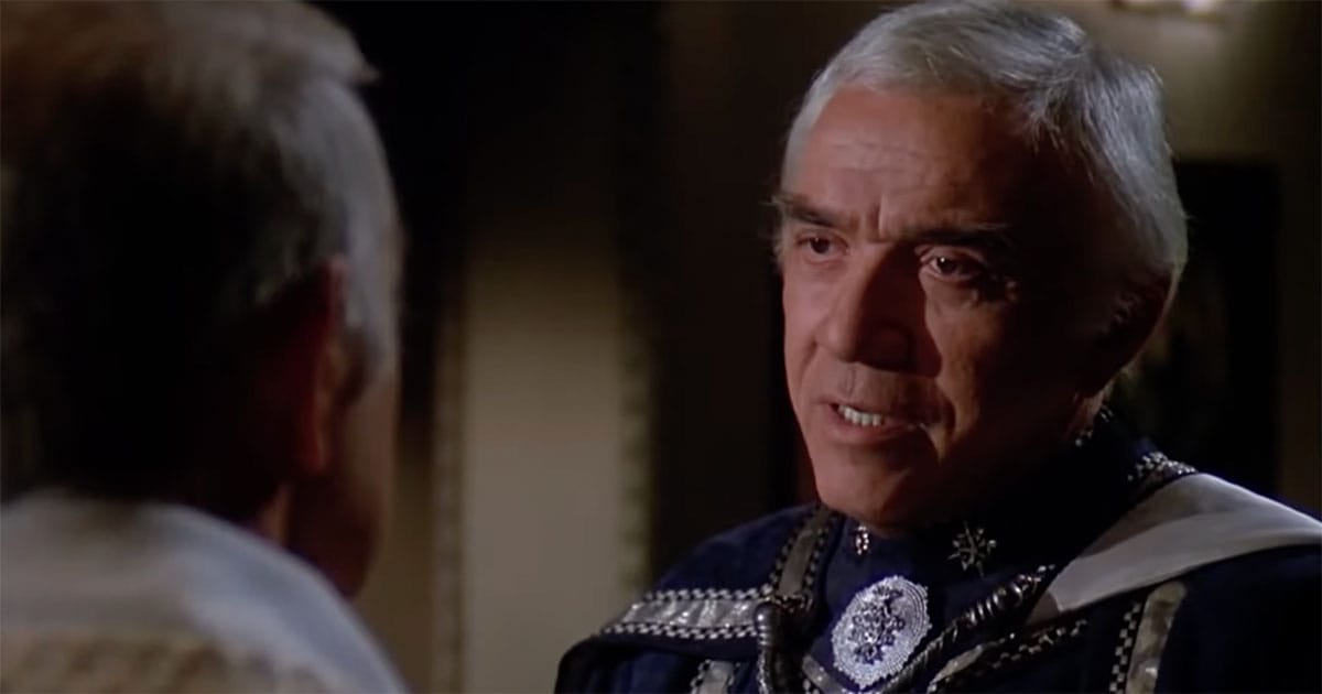 Commander Adama speaking aboard the Battlestar Galactica in the 1978 science fiction film "Battlestar Galactica"