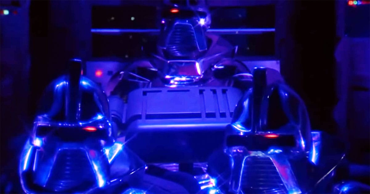 Cylon warriors aboard a basestar in the 1978 film "Battlestar Galactica" preparing for the attack on the Twelve Colonies.