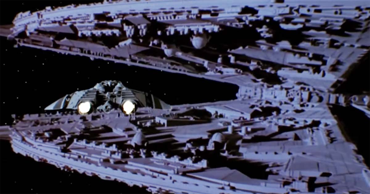 The Battlestar Galactica leading the surviving human fleet through deep space in the 1978 film "Battlestar Galactica"