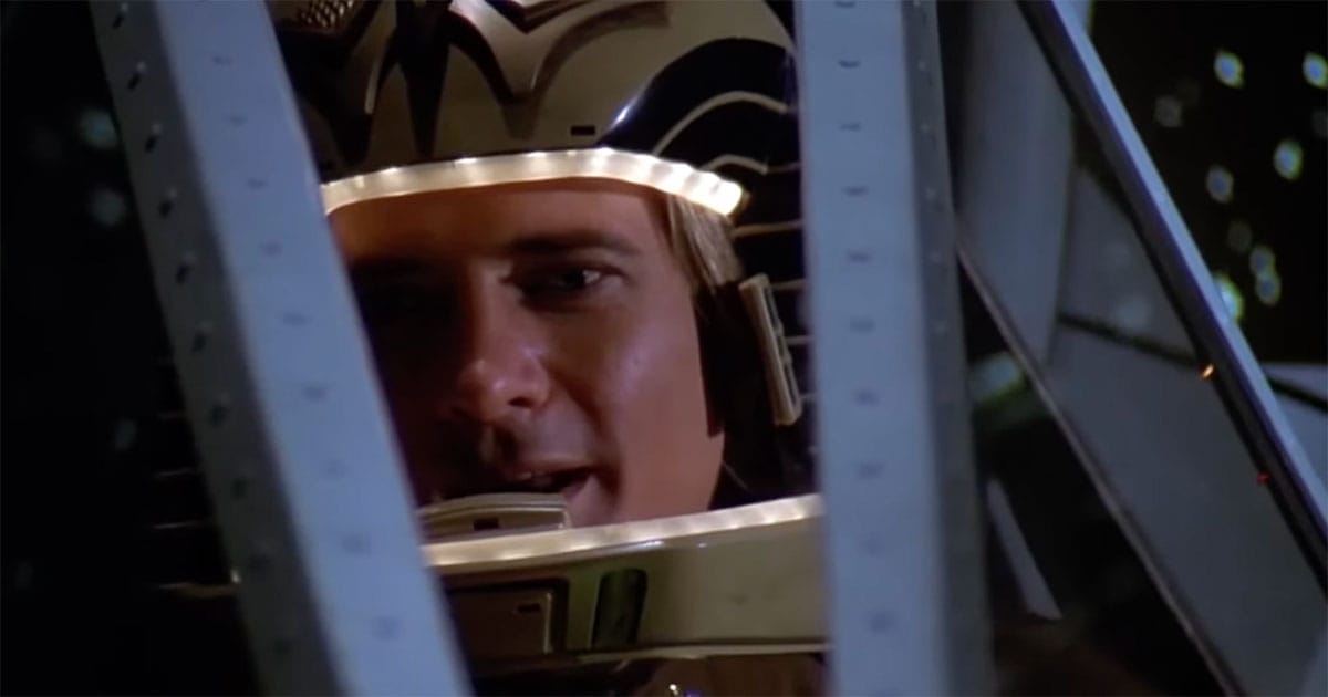 A Colonial Viper pilot preparing for battle in the 1978 science fiction film "Battlestar Galactica"