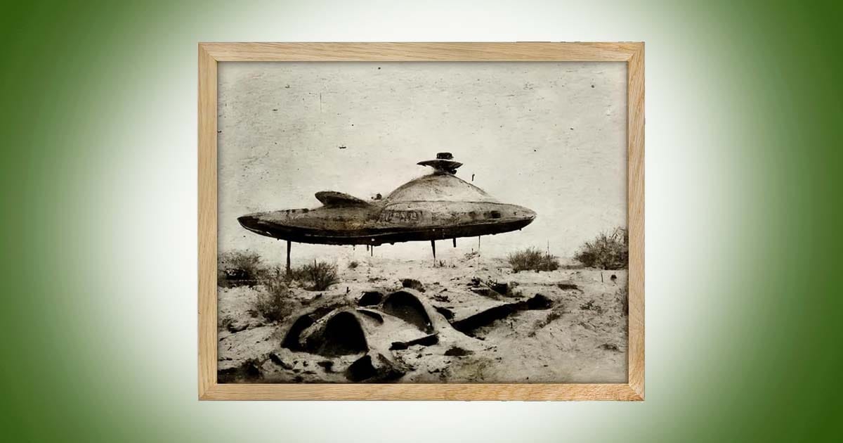 Vintage UFO wall art featuring a weathered flying saucer hovering above a barren landscape in a faded retro photograph style.