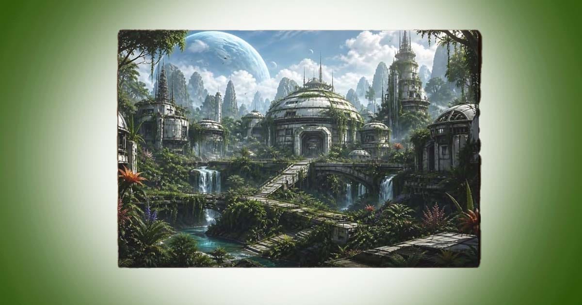 Science fiction futuristic city wall art featuring green domed structures, lush vegetation, waterfalls, and a peaceful advanced civilization beneath a distant planet.
