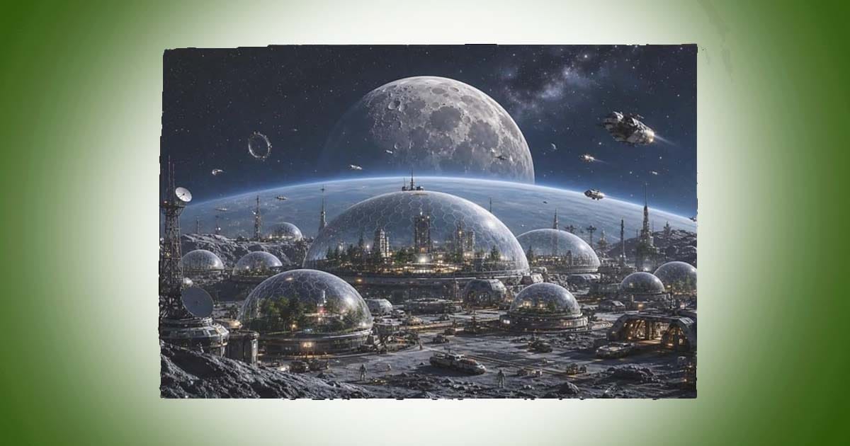 Science fiction lunar city wall art featuring domed settlements, spacecraft, and a futuristic colony beneath a large Moon and star-filled sky.