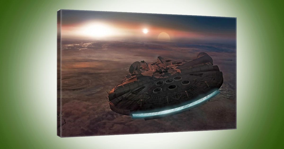 Science fiction spaceship canvas wall art featuring a weathered starship flying above a distant world beneath twin suns and a glowing horizon.