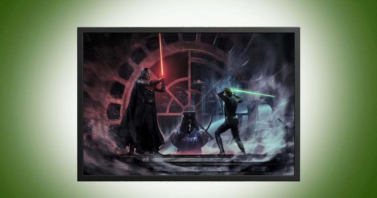 Science fiction battle scene wall art featuring two figures in a dramatic duel aboard a futuristic interior with glowing energy blades and cinematic lighting.