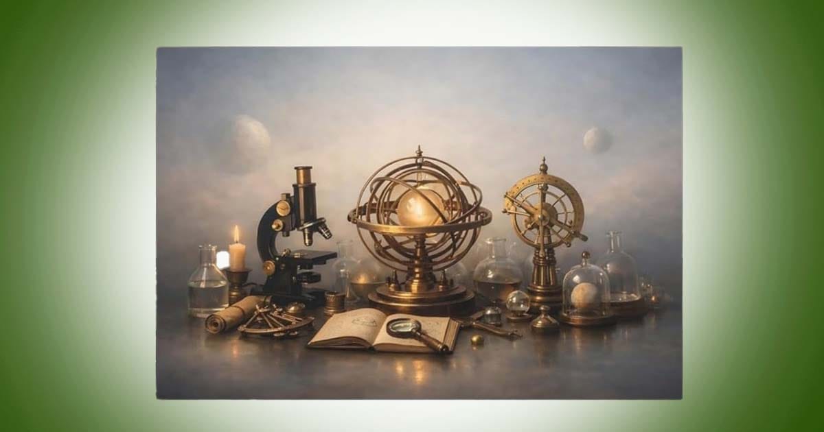 Vintage-inspired science fiction wall art featuring brass scientific instruments, a microscope, books, and astronomical devices arranged on a laboratory table.