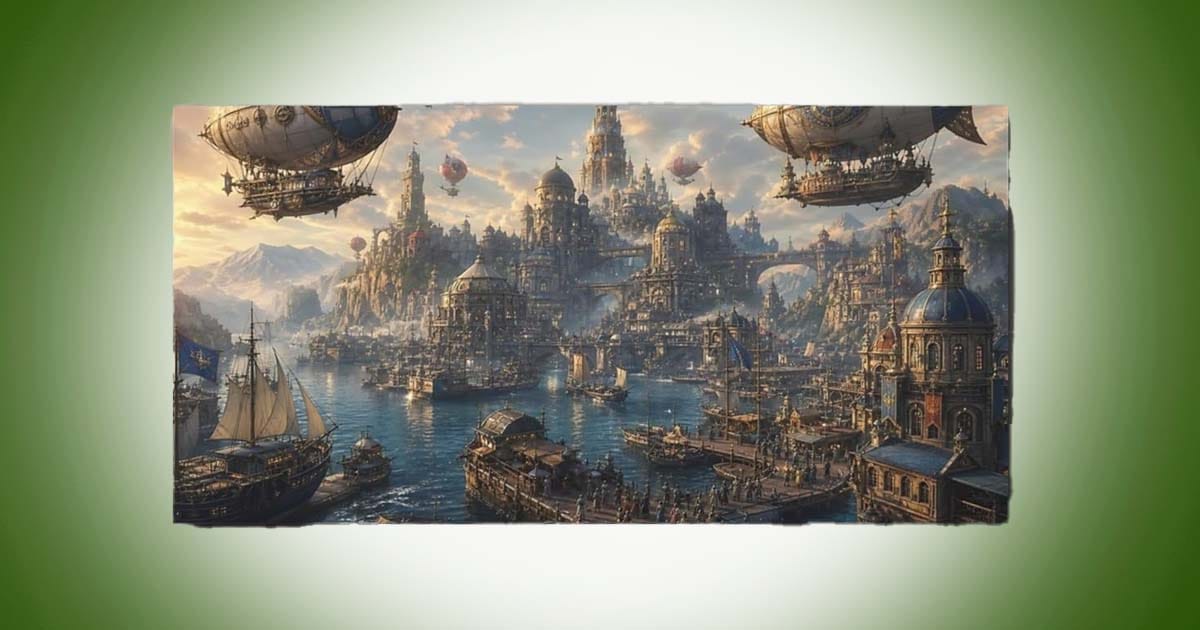 Science fiction steampunk city wall art featuring an elaborate harbor city with airships, domed architecture, ships, and a grand futuristic skyline above the water.