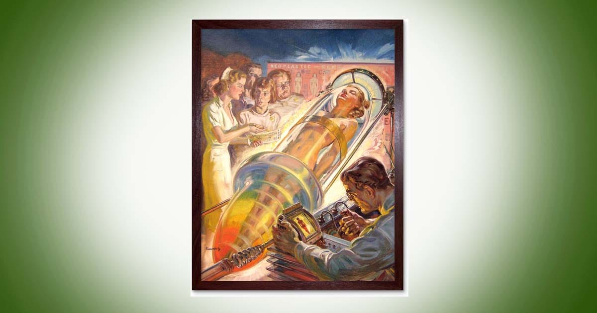 Vintage science fiction wall art featuring a retro laboratory scene with scientists operating futuristic equipment around a figure inside an experimental chamber.