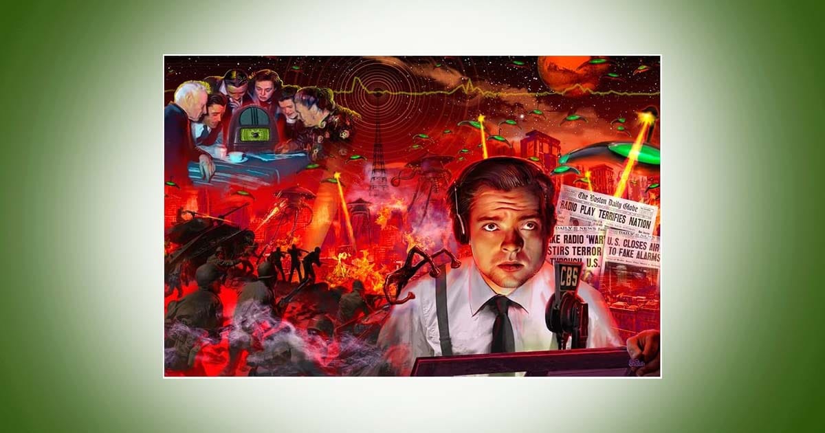 Science fiction collage wall art inspired by "The War of the Worlds" radio drama featuring a broadcaster, Martian invasion imagery, radio equipment, and vintage newspaper headlines.