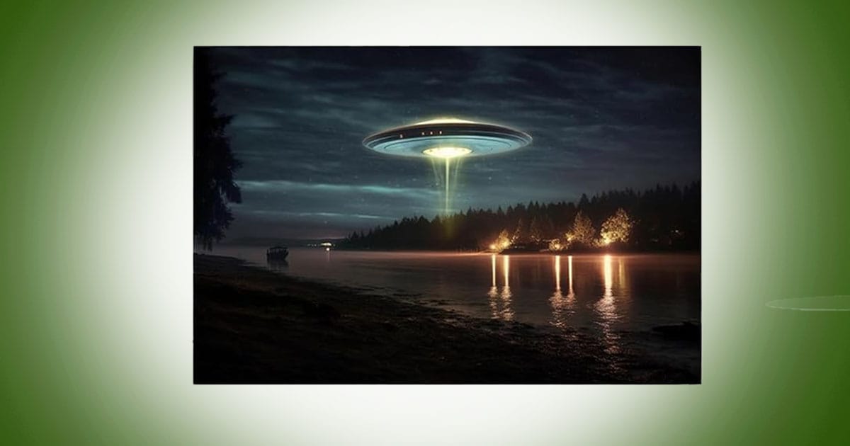 Science fiction UFO wall art featuring a glowing flying saucer hovering above a quiet lakeshore at night with reflections across the water and distant lights.