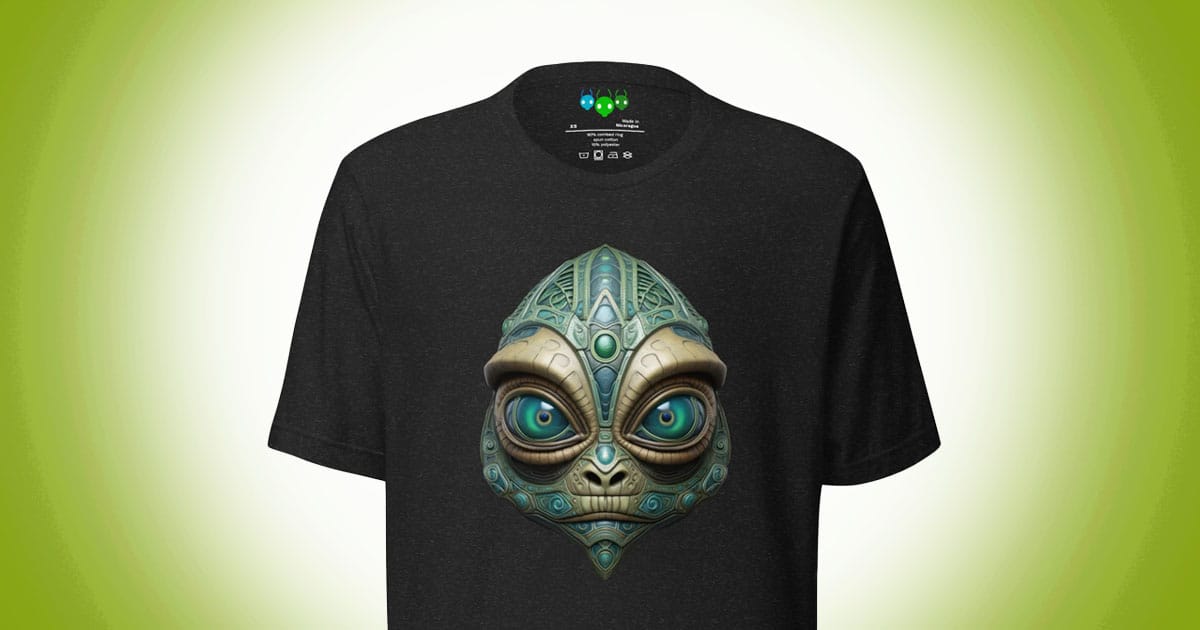 Black T-shirt featuring an ornate blue-green alien lizard head illustration with large eyes and intricate science-fiction styling.