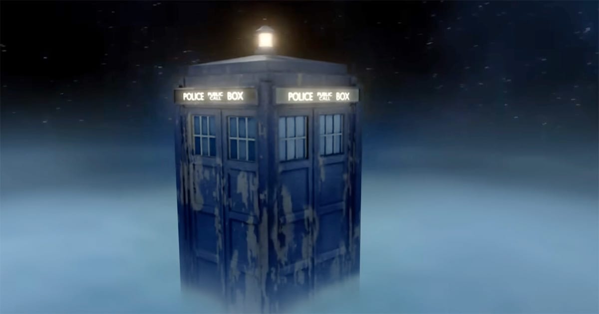 Weathered TARDIS floating in mist beneath a starry sky