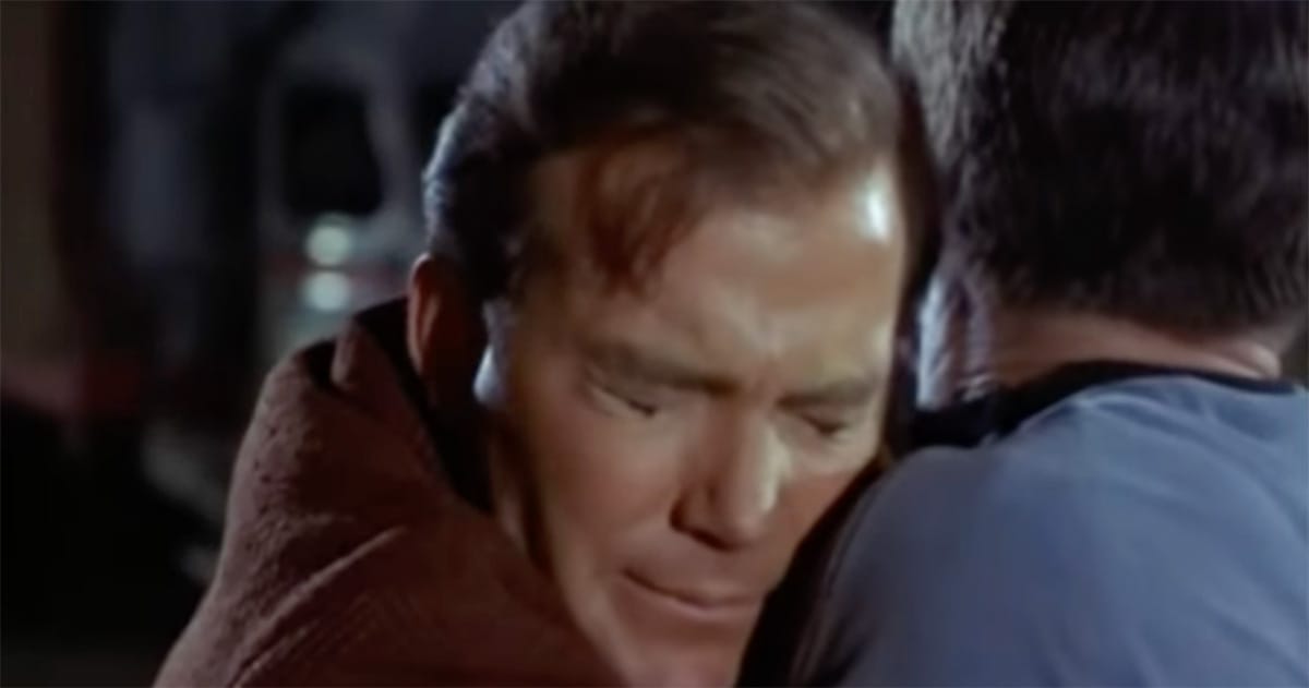 Captain Kirk embraces Spock in “The City on the Edge of Forever” after a painful decision.