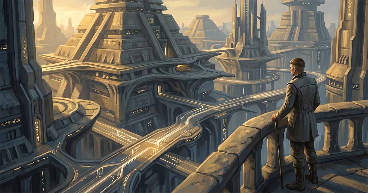 Editorial illustration of a solitary figure overlooking a vast futuristic city of monumental structures and elevated pathways under warm evening light.