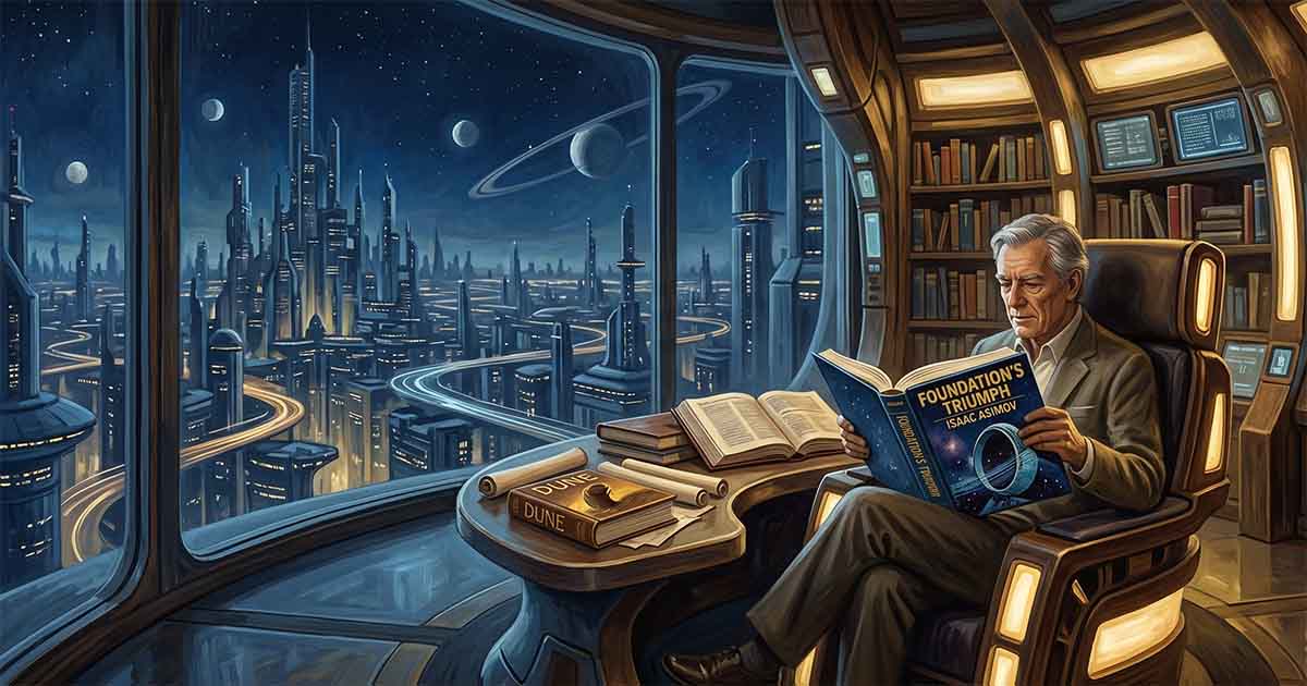 Editorial illustration of an older man reading science fiction in a futuristic study overlooking a vast illuminated city beneath a star-filled sky.