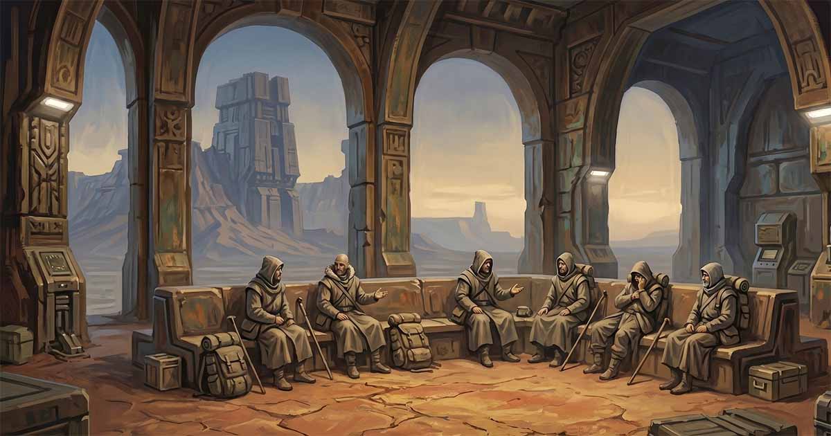 Editorial illustration of seven robed travelers resting and talking inside an ancient futuristic shelter overlooking a quiet alien landscape.