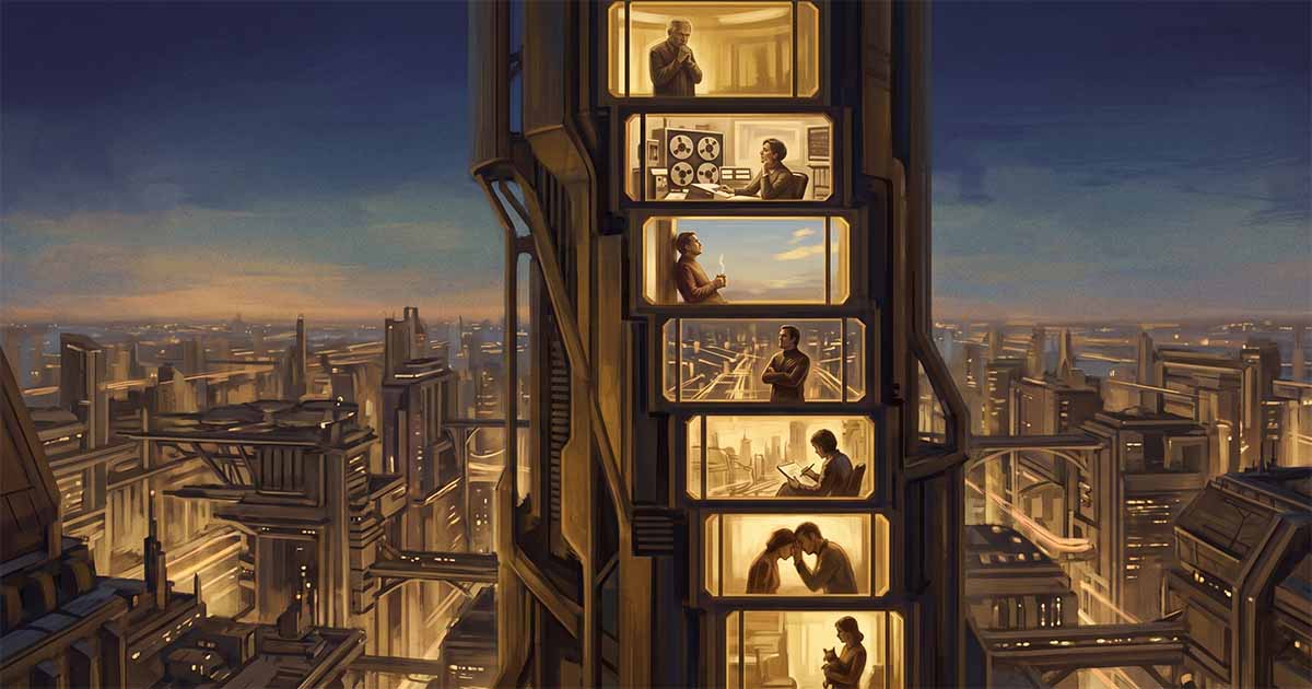 Editorial illustration of several people in illuminated rooms within a tall futuristic tower overlooking a vast city at dusk, each experiencing the same world differently.