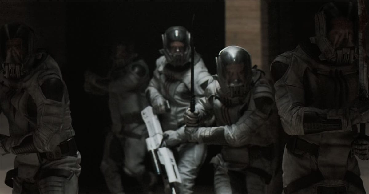 A squad of armored Sardaukar advances through a dark interior during a coordinated military operation.