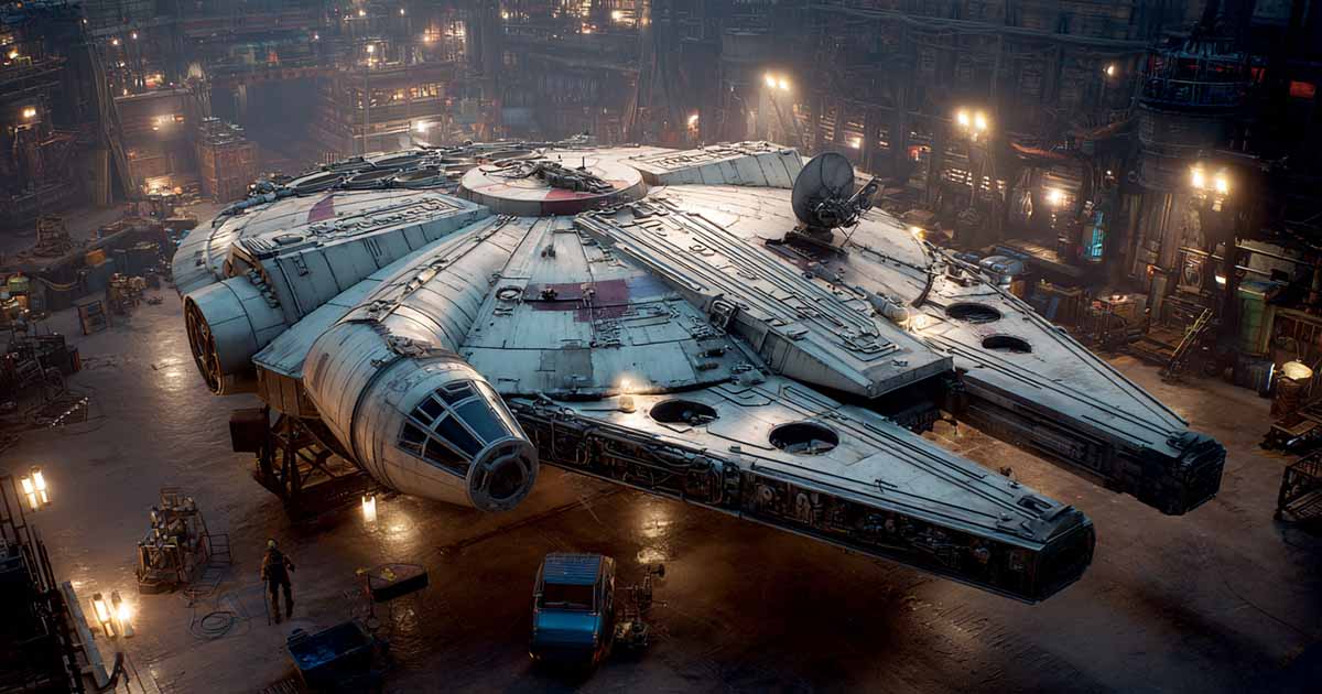 Weathered Millennium Falcon resting inside a large industrial maintenance hangar with visible wear, repair equipment, and warm workshop lighting.