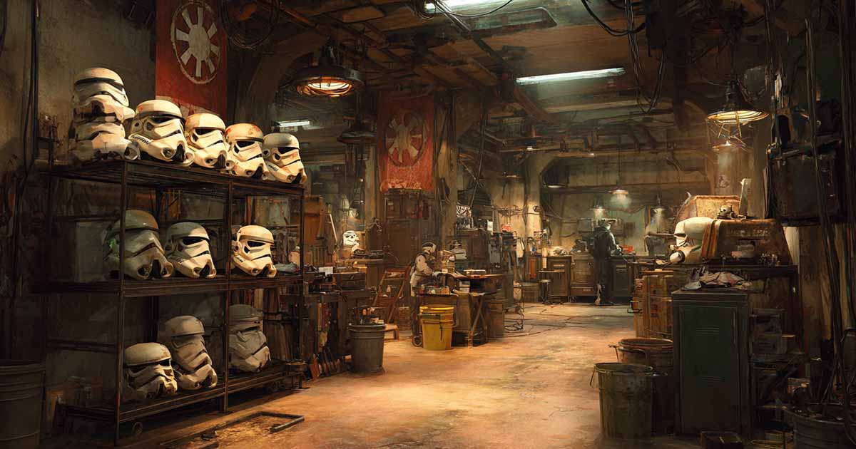 Interior of a worn Imperial workshop with rows of stormtrooper helmets, maintenance stations, industrial lighting, and signs of repeated repair.