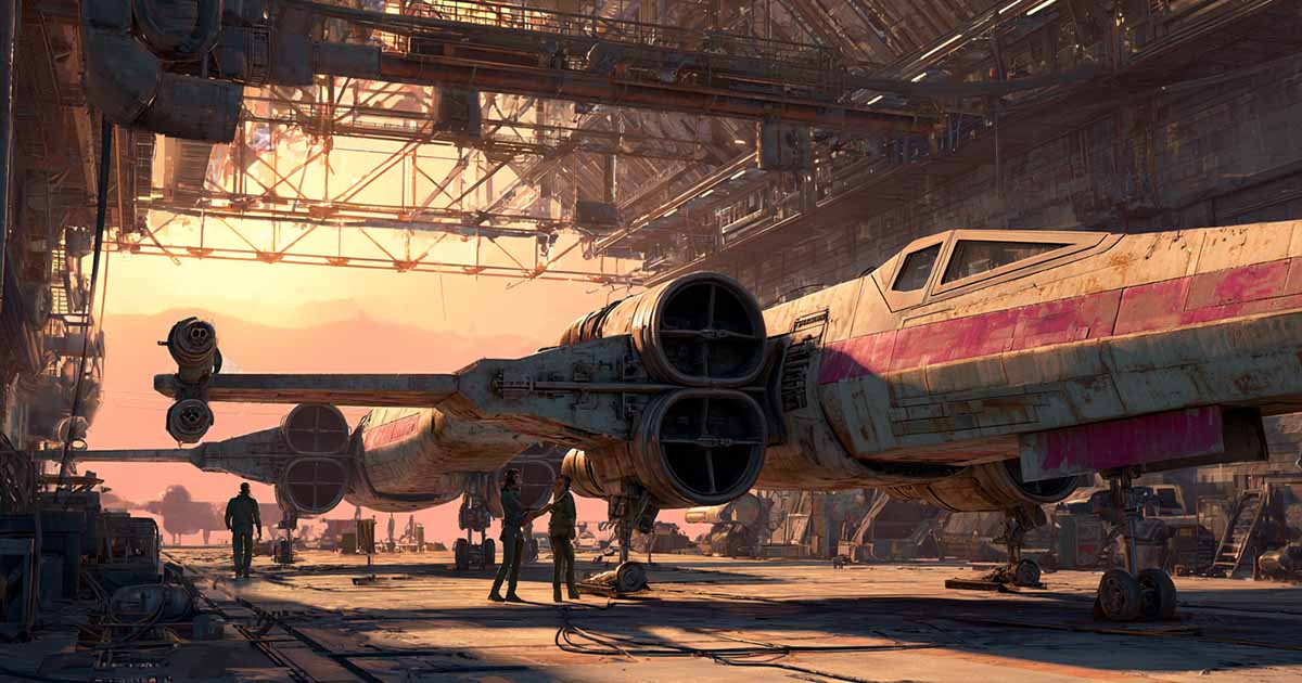 Weathered X-wing style starfighter inside a large maintenance hangar with ground crews, industrial structures, and visible signs of repeated use.