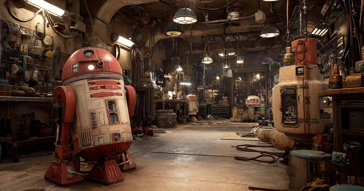 Astromech droid standing inside a worn repair workshop filled with tools, industrial lighting, exposed wiring, and aging machinery.