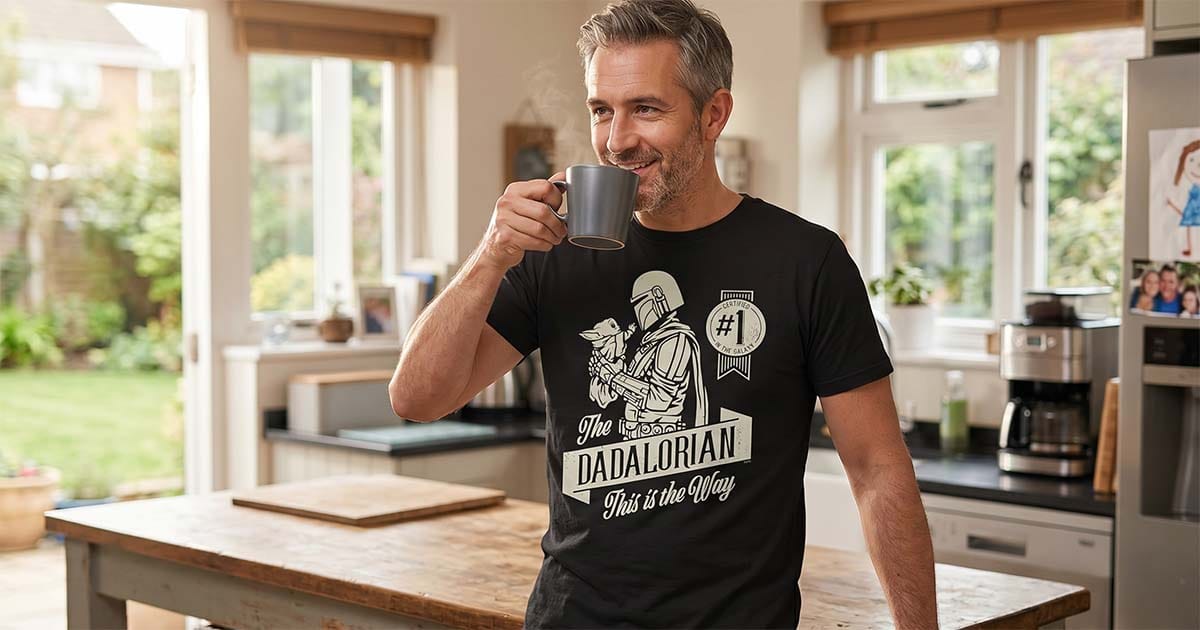 Man wearing a “Dadalorian” Father’s Day science-fiction T-shirt inspired by “The Mandalorian.”