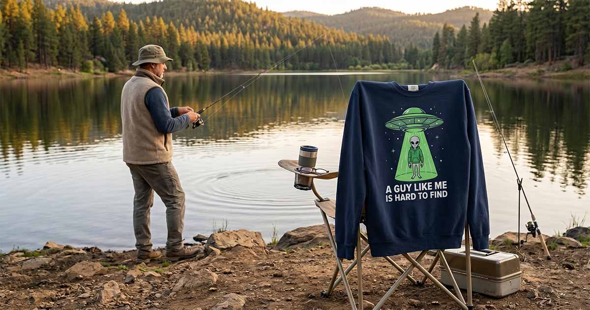 Alien-themed science-fiction sweatshirt displayed beside a fisherman at a forest lake campsite.