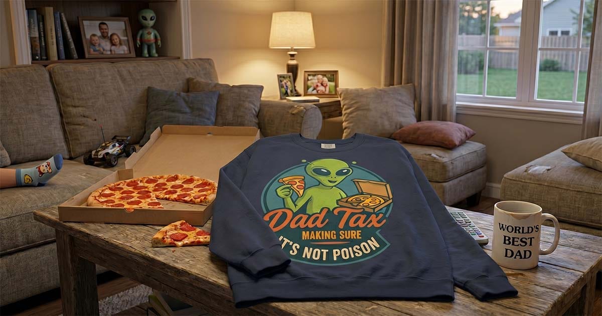 Alien-themed “Dad Tax” science-fiction sweatshirt displayed beside pizza in a family living room.