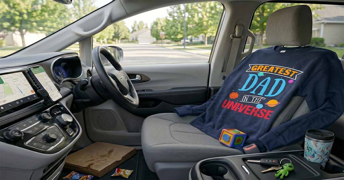 “Greatest Dad in the Universe” sci-fi sweatshirt displayed inside a family minivan.
