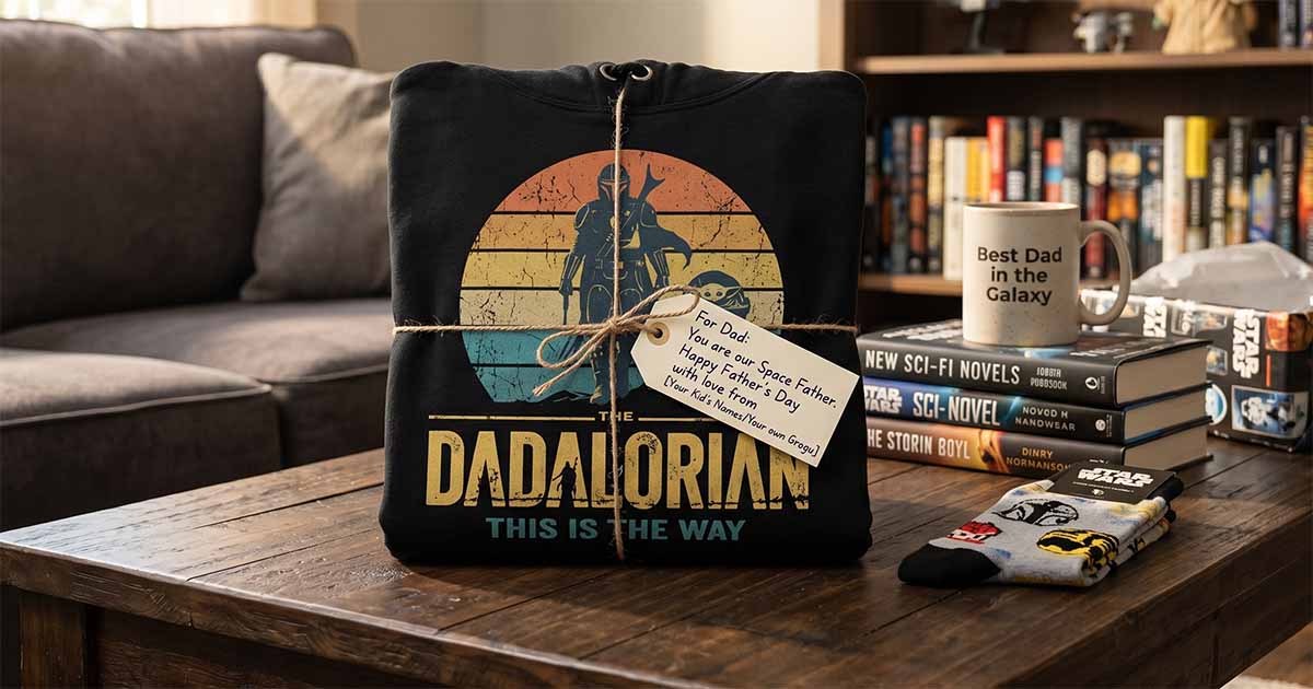 “The Dadalorian” sci-fi Father’s Day hoodie displayed beside “Star Wars” books and collectibles.