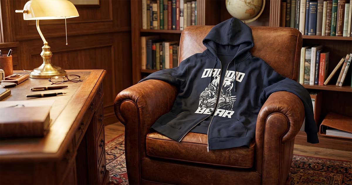 “Daddio Bear” sci-fi zip hoodie displayed on a leather chair inside a traditional study.