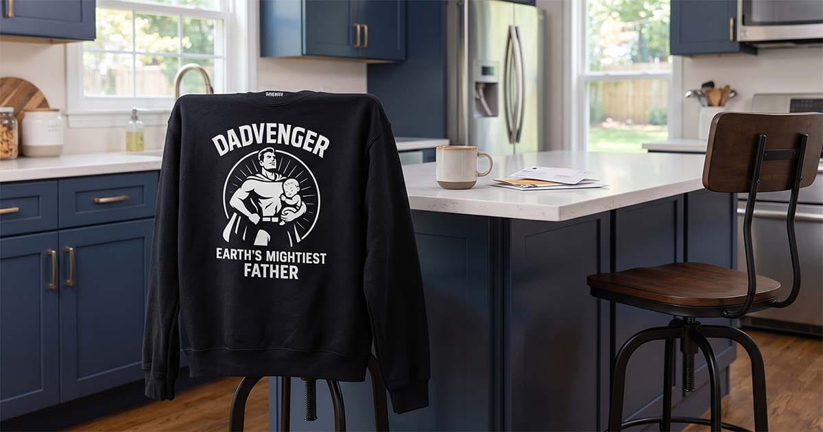 “DADVENGER Earth’s Mightiest Father” science-fiction sweatshirt displayed in a modern kitchen.